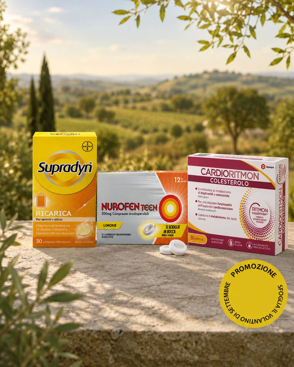 Volantino CEF Settembre 2026: in primo piano è presente una confezione di Supradyn Ricarica, una confezione di Nurofen Teen, e, un misuratore di pressione Pro targato Profar.